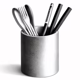 four knives, spoons and forks are in a white cup