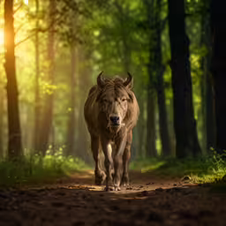 an ox walking on a path in the forest