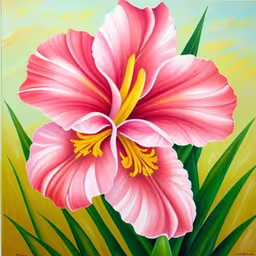 a painting of a flower with a green stems and yellow center,an image of a painting of a pink flower,pink flower with green stems on yellow and yellow background,a painting of a pink flower sitting on top of grass,two large pink flowers painted on a yellow and blue background