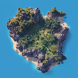 a low poly - roofed island is surrounded by rocks, grass, and birds