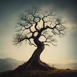 a lone, old tree growing on a rocky hillside