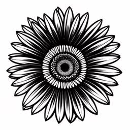 a drawing of a sunflower,a black and white flower on a white background