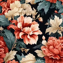 floral pattern of red, white, and beige flowers on black background