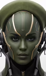 a girl in green outfit with headphones