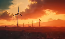 a photo of a wind farm during sunset