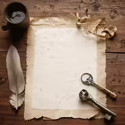an old scroll with skeleton keys and a cup of coffee