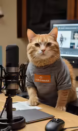a cat with a shirt around its neck sitting by a microphone