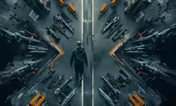 an overhead shot of a man walking through some parts