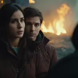 a man and a woman look on as flames burn in the background