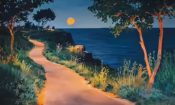 a painting of a pathway leading to the ocean