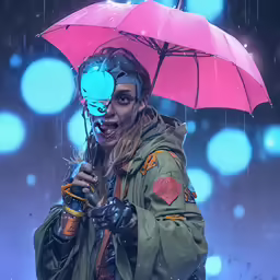 an illustration of a girl with blue makeup and neon lights under a red umbrella