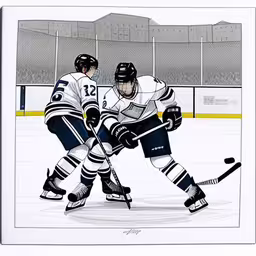 two players are in the hockey action on the ice,two hockey players are on the ice trying to kick the puck