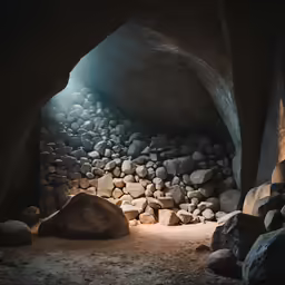 a man walking under a tunnel with rocks and sand