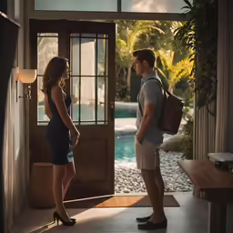 a man and a woman standing next to each other near a pool