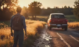 a man with backpack and backpack stands near a red van