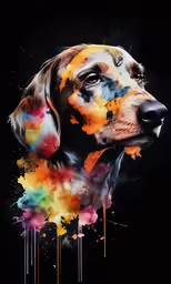 a dog painted on a black background with drops of paint