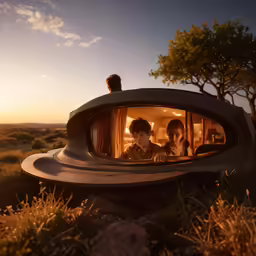 two children riding in a truck mirror at sunset