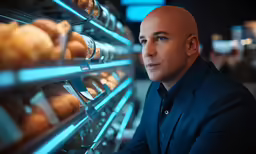 bald man looking at something near a rack in a bakery