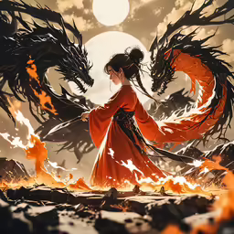 a woman in orange holding a sword with fire dragon