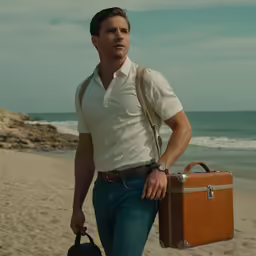 a man standing on a beach holding a briefcase