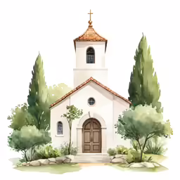 a watercolor painting of a church with trees