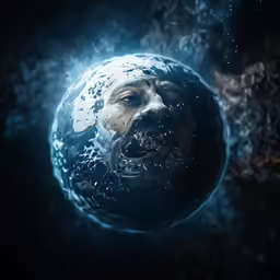 a face is seen with a blue swirl around the image