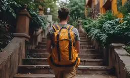 man with yellow backpack on stairs between building and greenery