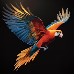 a colorful parrot is flying high up in the air