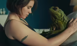 a woman laying on a bed with a green and black lizard