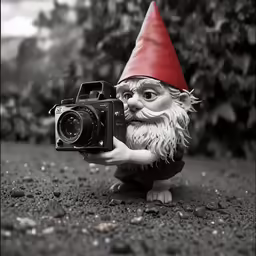 an adorable gnome holding a camera up in the air