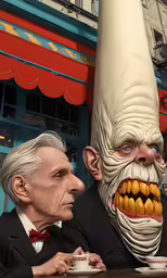 two men sitting in front of a sculpture of a face