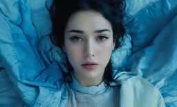 a woman is sitting in bed under the blanket