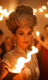 a woman in elaborate head dress holds a candle