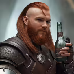 a man with a long beard and red hair holding a beer
