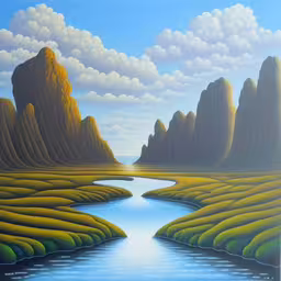a painting shows mountains, water and grass,a painting of mountains and a river flowing through them,a painting of mountains and lakes is shown with water,a painting of a river in the middle of mountains and clouds,a painting is displayed with mountains, a river and clouds