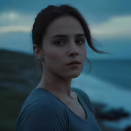 a close up of a person standing in front of the ocean