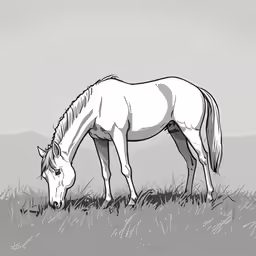 a drawing of a horse grazing in an open field