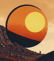a large sphere shaped building in the middle of a rocky field,a large orange circle sitting above a pile of rocks