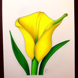 a yellow flower is featured in a framed drawing,a painting of a yellow flower with long green leaves,the flower has two green stems in it,this painting has yellow flower with green stems,a yellow flower on white paper
