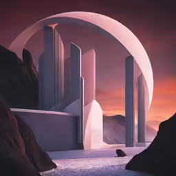 an abstract landscape with two tall, cylindrical buildings