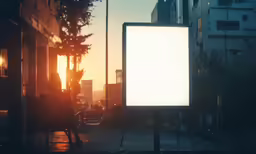 people are walking through the downtown area at sunset