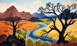 a painting of a mountain river with two trees