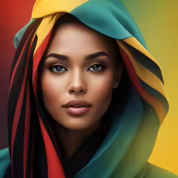 the young woman with a red, yellow, and green scarf has her face on the background