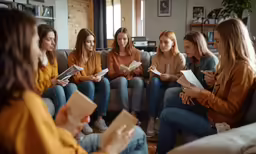 a group of girls sitting around each other reading books