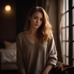 a woman in a brown sweater is staring at the camera