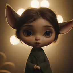 the cute doll has big eyes and is wearing green