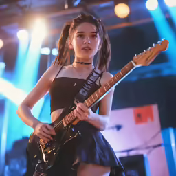 an asian girl with a guitar stands in front of bright lights