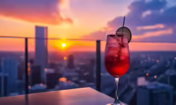 a tall beverage glass on a bar overlooking a city