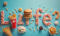 a number of macaroni and cheeses, cookies and hotdogs next to words spelling out the word diet