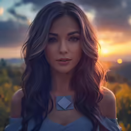 a beautiful woman in a dress stands in front of the sunset